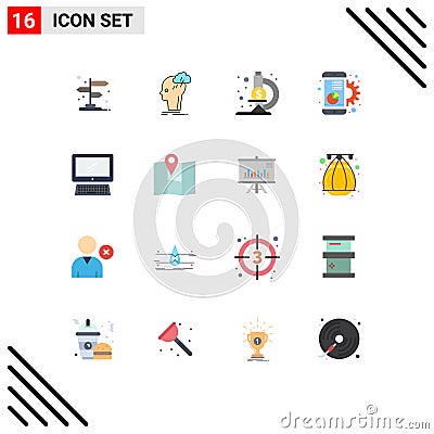 Group of 16 Flat Colors Signs and Symbols for computer, marketing, thinking, graph, chart Vector Illustration