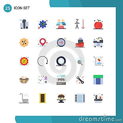 Group of 25 Flat Colors Signs and Symbols for drinks, apple, conference, sort, alphabetical Vector Illustration