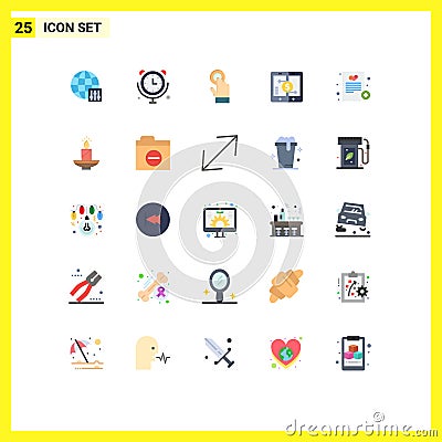 25 User Interface Flat Color Pack of modern Signs and Symbols of hospital, smartphone, touchscreen, peer, payment Vector Illustration