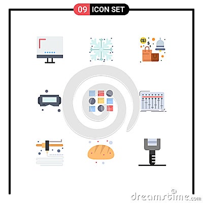 Group of 9 Flat Colors Signs and Symbols for smart, glasses, snow, device, savings Vector Illustration