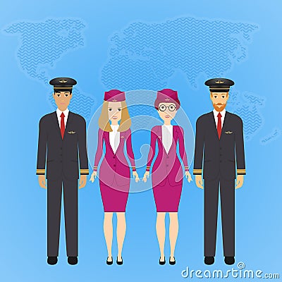 Group of flat cute cartoon people of aircraft characters in air uniform. Set of people aviation professions, pilot Vector Illustration