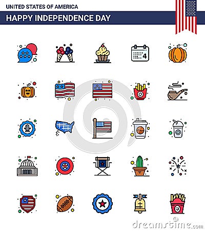 Big Pack of 25 USA Happy Independence Day USA Vector Flat Filled Lines and Editable Symbols of american; date; cake; day; Vector Illustration