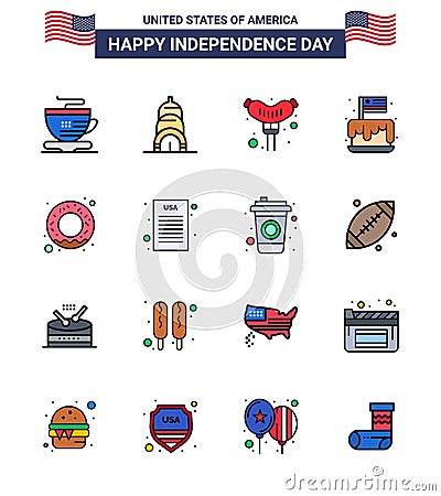 Group of 16 Flat Filled Lines Set for Independence day of United States of America such as declaration; food; sausage; donut; Vector Illustration