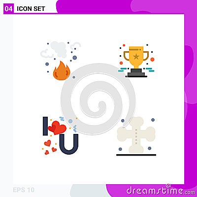 Group of 4 Flat Icons Signs and Symbols for burn, heart lettering, pollution, award, love Vector Illustration