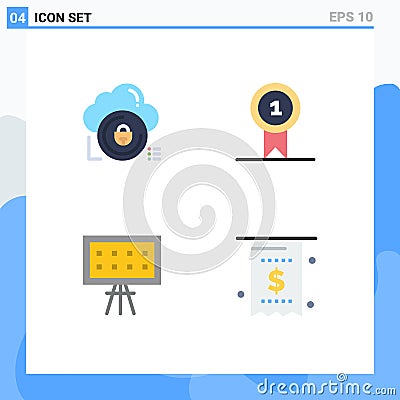 Group of 4 Flat Icons Signs and Symbols for cloud, alphabet, lock, award, education Vector Illustration