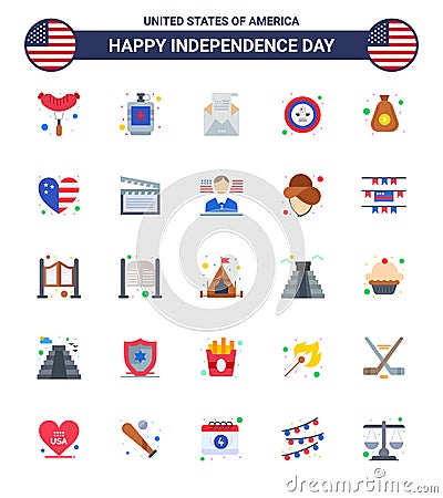 Group of 25 Flats Set for Independence day of United States of America such as badge; celebration; email; bird; mail Vector Illustration