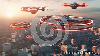 Group of Flying Drone Vehicles Over a City Stock Photo