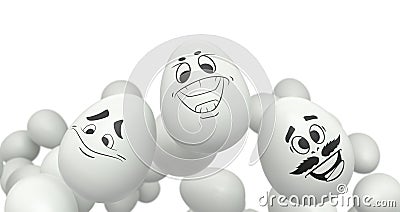 Group of flying farm white chicken eggs flying with funny face and crowd of eggs Stock Photo