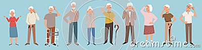 A group of forgetful elderly people. Grandma and Grandpa are thinking, trying to remember Cartoon Illustration