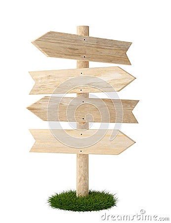 Group of four angled empty, blank wooden arrow signs on green grass patch with room for text, wooden board direction signs Cartoon Illustration