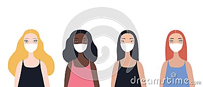 Group of four beautiful stylish cartoon woman characters african-american ethnicity caucasian ethnicity asian ethnicity Vector Illustration