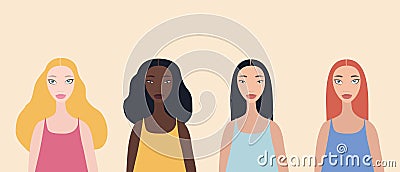 Group of four beautiful stylish cartoon woman characters african-american ethnicity caucasian ethnicity asian ethnicity Vector Illustration