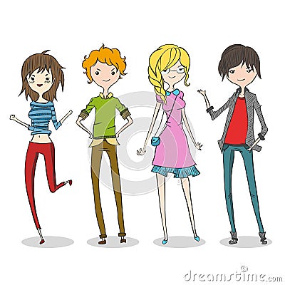 Group of four cartoon young people Vector Illustration