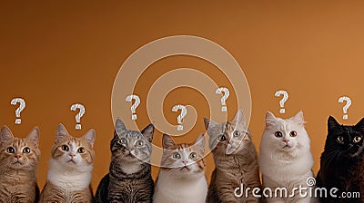A group of four cats illustrates curiosity, each with distinct fur patterns, as whimsical question marks hover above Stock Photo