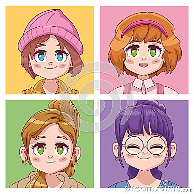 group of four cute girls manga anime characters Vector Illustration