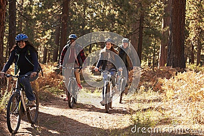 Group four friends in helmets riding bikes on a forest path Stock Photo