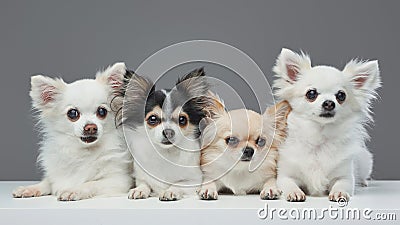 Group of four pomeranian chihuahua dogs with fluffy fur Stock Photo