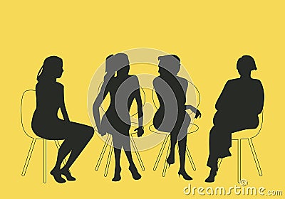 Group of four women sitting together talking together. Vector Illustration