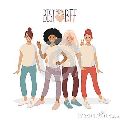 A group of four young girls are standing, hugging and smiling. Vector Illustration