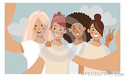 A group of four young girls taking a photo with a smartphone. Vector Illustration