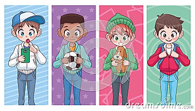 group of four young interracial teenagers boys kids characters Vector Illustration