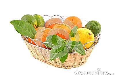 A group of fresh citrus fruits in basket, isolated white background. Stock Photo