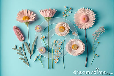 Group fresh pastel colorful flower placing on isolated blue background. Stock Photo