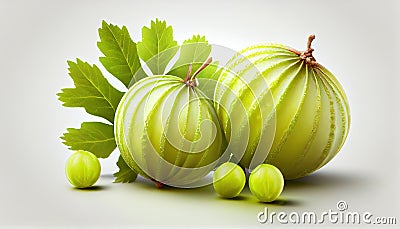 Group of Fresh Whole Green Gooseberries Fruit on White Background AI Generative Stock Photo