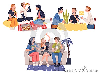 Group of Friend Character Eating Food at Home Sitting on the Floor with Pizza and Tortilla Vector Set Vector Illustration