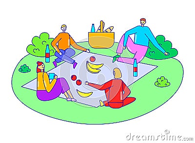 Group friend relax together corporate picnic time, character male female fun outdoor party isolated on white, line flat Vector Illustration
