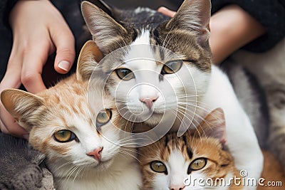 group of friendly cats surrounding person with their sweet and gentle eyes Stock Photo