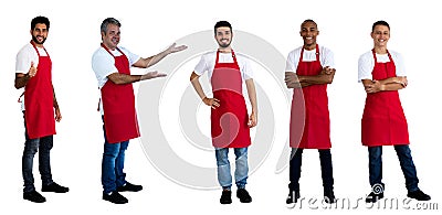 Group of 5 friendly male waiters and clerks Stock Photo