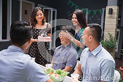 Birthday party surprise with friends Stock Photo