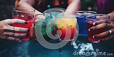 A group of friends cheering with colorful drinks at a poo generative AI Stock Photo