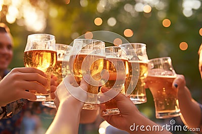 A group of friends clinking their beer mugs together in a toast, with a background of an outdoor beer garden. Generative AI Stock Photo