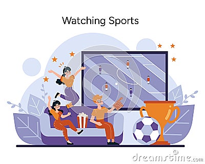 A group of friends express their excitement while watching a soccer match on a big screen Vector Illustration