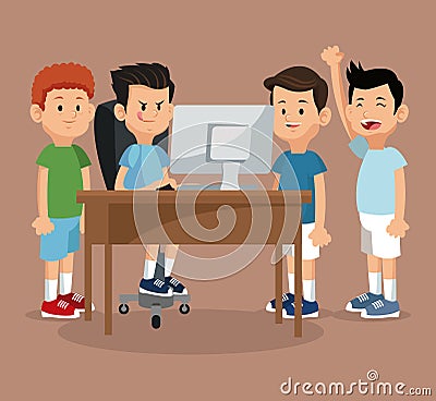 Group friends gamers happy online with laptop Vector Illustration