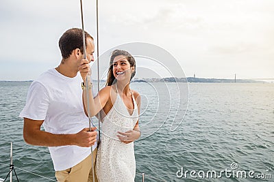 Group of friends having fun in boat in river Stock Photo