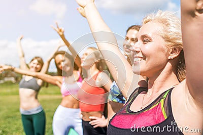 Group Of Friends Having Fun together outdoors summer day Stock Photo