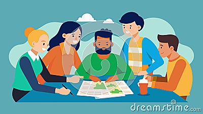 A group of friends huddled around a table comparing the details of different maps from different eras.. Vector Cartoon Illustration
