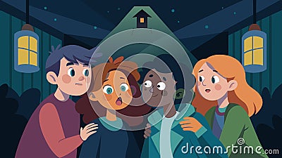 A group of friends huddled in a hidden corner their flashlights illuminating their frightened faces as they recount Vector Illustration
