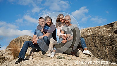 Group of friends men and women hikers and travelers Stock Photo