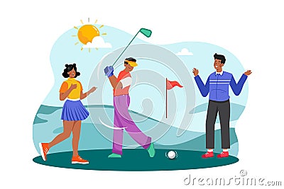 A group of friends plays a morning round of golf at a beautiful course Vector Illustration