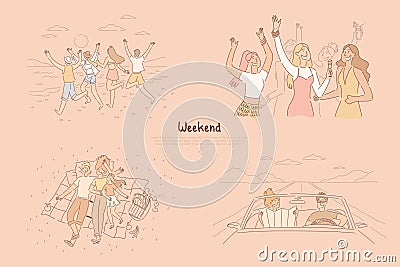 Group of friends running on beach, girlfriends dancing in club, family spending time on picnic, road trip with boyfriend Vector Illustration