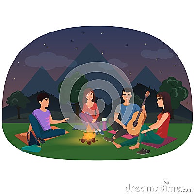 A group of friends sitting at the campfire in the night in mountains vector illustration. Camping picnic people. Vector Illustration