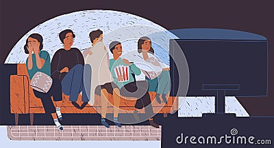 Group of friends sitting on sofa or couch in darkness and watching horror movie. Young girls and boys with scared faces Vector Illustration