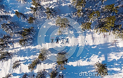 Group of friends snowboarders and skiers in winter forest. Concept snow angel, aerial top view Stock Photo