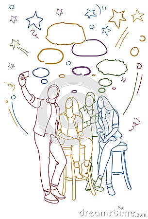 Group Of Friends Taking Selfie Doodle Men And Women Make Self Portrait On Smart Phone Together Vector Illustration