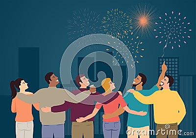 Group of friends watching fireworks Vector Illustration