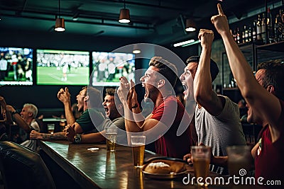 Group of friends watching a football match in a pub, drinking beer and cheering, rear view Friends Watching Game In Sports Bar On Stock Photo